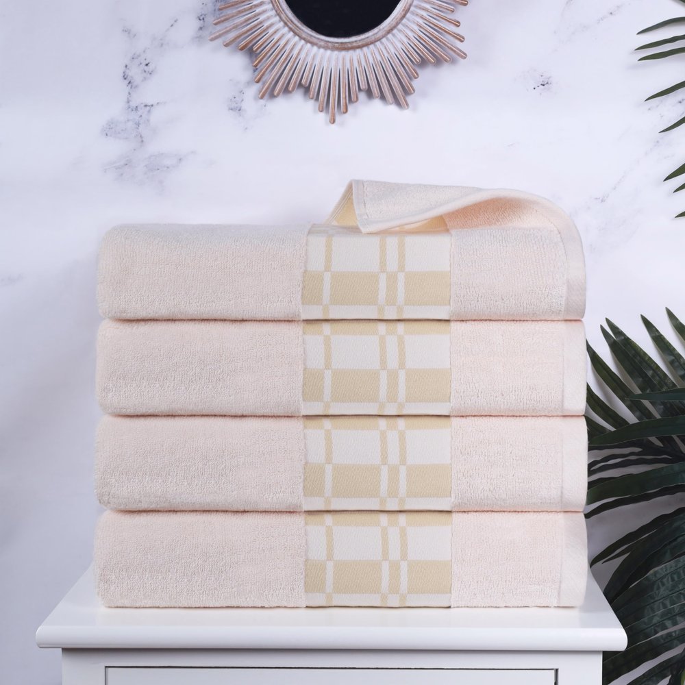 Superior Larissa Cotton Bath Towel Set, Geometric Design, Dobby Border, Medium Weight Towels for Bathroom, Guest Bath, Spa, Resort, Hotel, Airbnb, Home Essentials, Includes 4 Bath Towels, Ivory