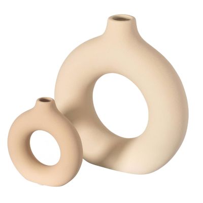 9-Inch Large and 5-Inch Small Decorative Hollow Ceramic Donut Table Vase - Handmade, Minimalist Boho Style for Modern Home Decor in Living Room, Home Office, Dining Room and Entryway Console Table