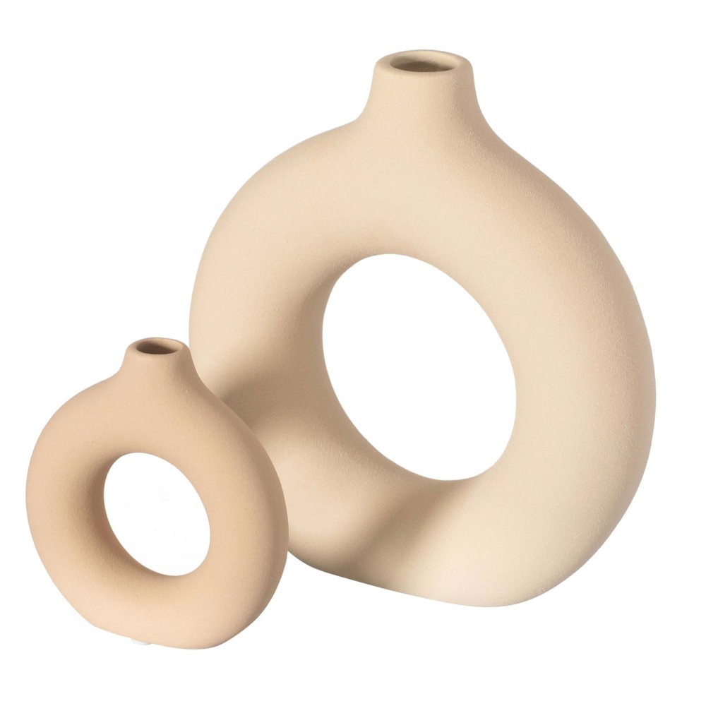 9-Inch Large and 5-Inch Small Decorative Hollow Ceramic Donut Table Vase - Handmade, Minimalist Boho Style for Modern Home Decor in Living Room, Home Office, Dining Room and Entryway Console Table