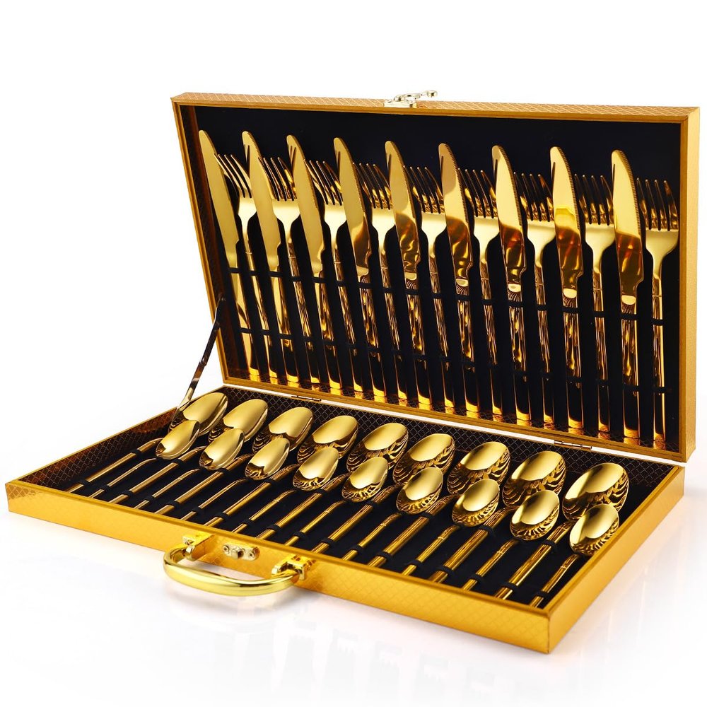 WHIERGGIN Silverware Set, 36-piece Set For 6 People Household Stainless Steel Knight Cutlery Set Knife, Fork And Spoon Gift Box(Gold)