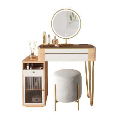 XOBRJQZ Makeup Vanity Desk with Mirror and Lights, 3 Lighting Modes, Dressing Table with Drawers & Cabinet, Glass Top Vanity Table with Charging Station, Small Vanity Table for Bedroom with Storage