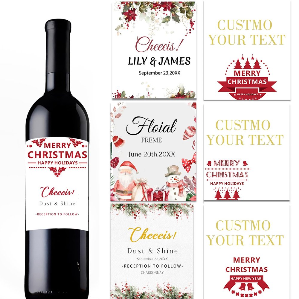 Christmas Wine Bottle Labels Personalized, Custom Label for Wine Waterproof Personalized Your Text/Logo/Image for Wedding Birthday Party Christmas Wine Labels