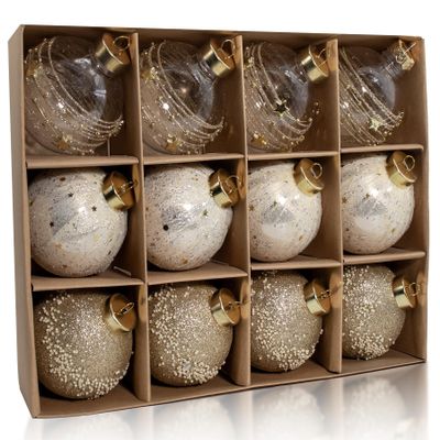 12PCS Clear Glitter Christmas Ball Ornaments, 3.15" Champagne Gold Sequin Christmas Decoration Set, Large Hanging Ornaments for Xmas Tree, Wedding, Holiday, Party