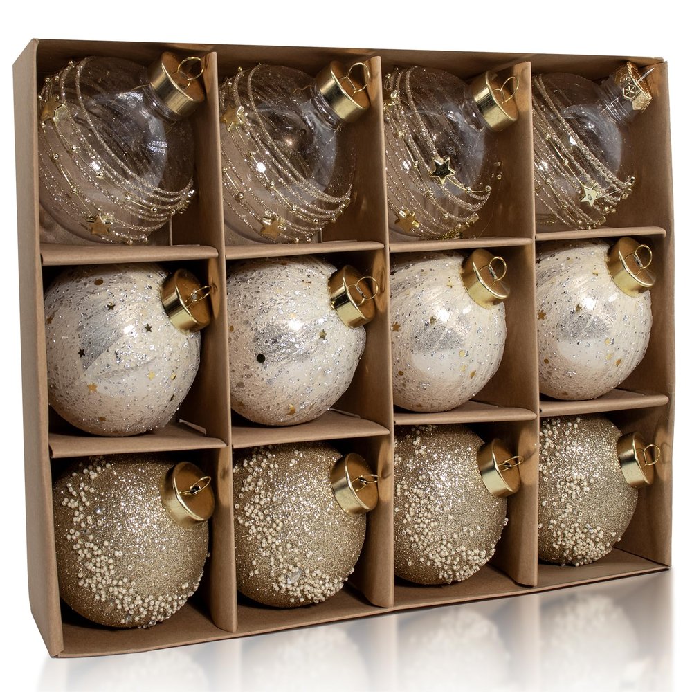 12PCS Clear Glitter Christmas Ball Ornaments, 3.15" Champagne Gold Sequin Christmas Decoration Set, Large Hanging Ornaments for Xmas Tree, Wedding, Holiday, Party
