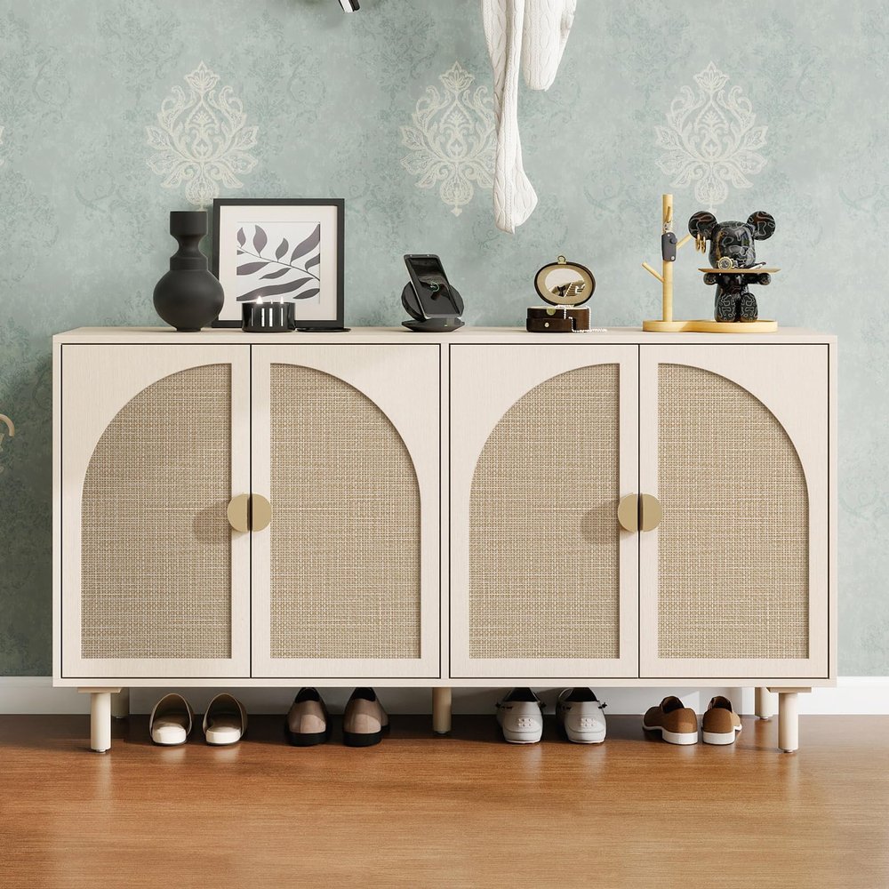mixtavie Beige Rattan 4-Door Buffet Cabinet - Boho Style Sideboard with Storage for Dining & Living Room
