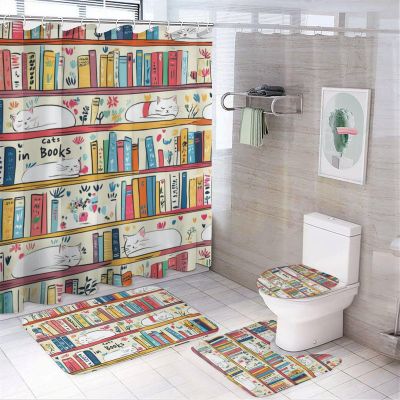 Dunmat Abstract Bookshelf Cat Shower Curtains with Rugs Toilet Lid Cover and Bath Mat for Bathroom,Home Tub Curtains Sets with Rugs Colorful Bookshelf Cartoon Animal Print Four-Piece