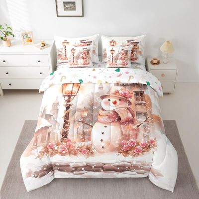 Feelyou Kids Christmas 7 Pieces Bedding Set Queen Size, Snowman Bed in A Bag Boys Girls Snowflake Comforter Set with Sheets Rose Floral Flower Teens Bed Set Bedroom Decor 7Pcs