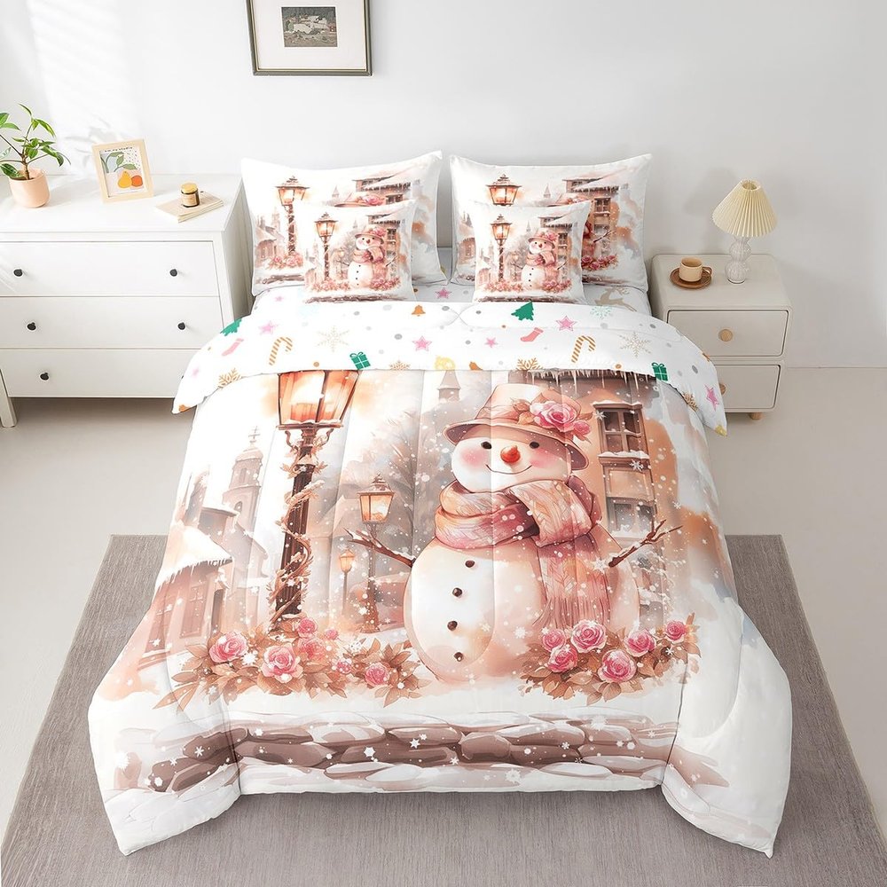 Feelyou Kids Christmas 7 Pieces Bedding Set Queen Size, Snowman Bed in A Bag Boys Girls Snowflake Comforter Set with Sheets Rose Floral Flower Teens Bed Set Bedroom Decor 7Pcs