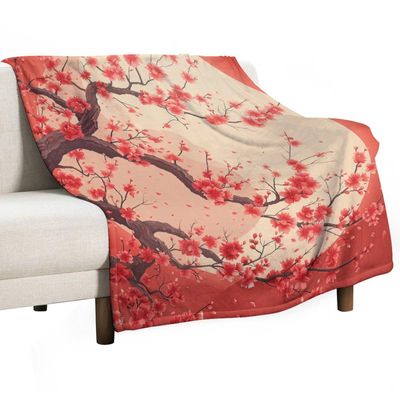 HDESDIS Flower Tree Throw Blanket, Soft Cozy Warm Japanese Cherry Floral Moon Background Flannel Blankets for Sofa Couch Bed, 50x70 Inch