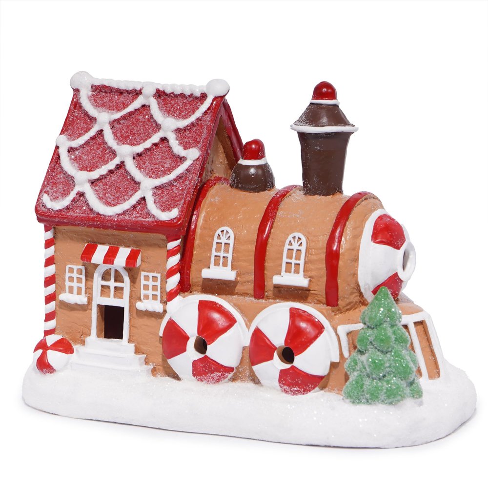 Hodao Christmas Decorations Gingerbread House Train Decor Figurine Battery Operated (2 AAA)-5.7L Resin Christmas Village Houses for Festive Holiday Decor Indoor Home Display Winter Gift (Train)