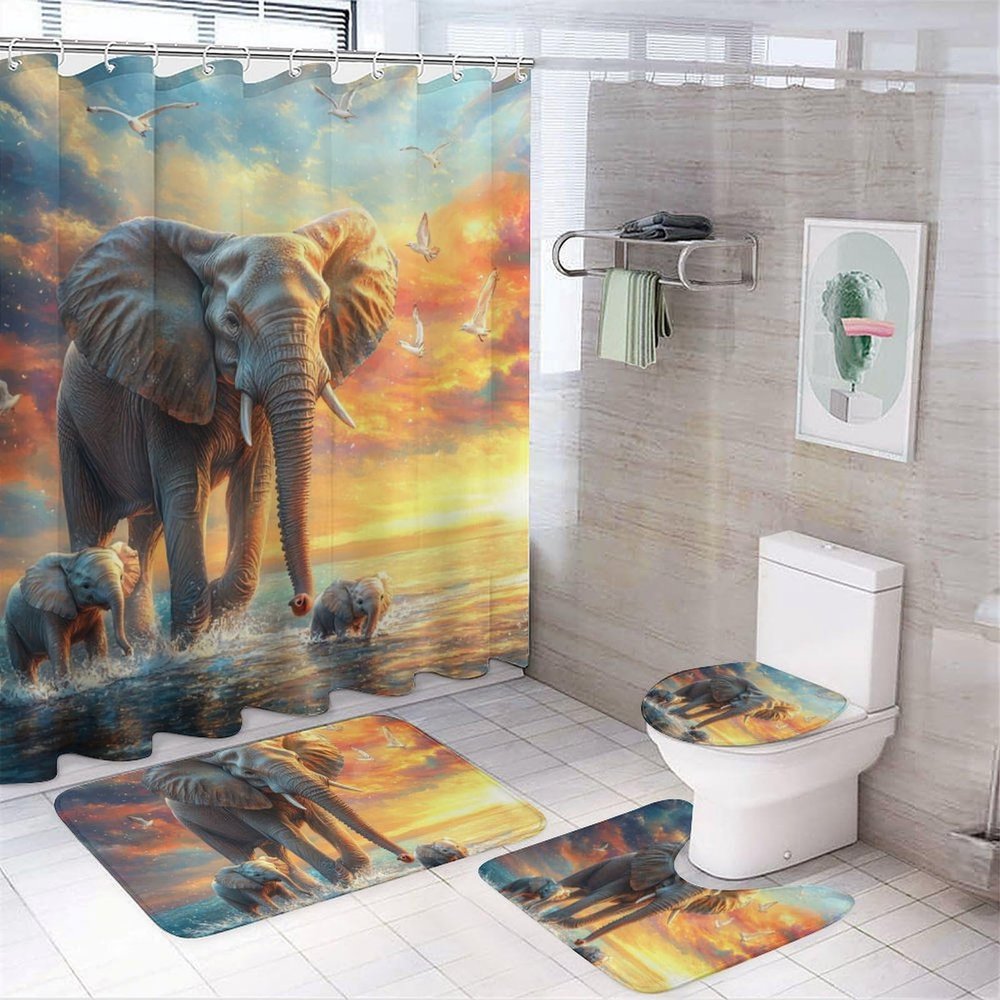 Dunmat Watercolor Cute Elephant Shower Curtains with Rugs Toilet Lid Cover and Bath Mat for Bathroom,Home Tub Curtains Sets with Rugs Sunset Three Elephants Playing Print Four-Piece