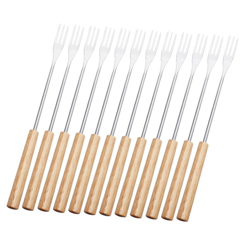 COLLBATH 12pcs Stainless Steel Fondue Forks for Cheese Fondue Dipping Forks Wooden Handle for Buffet Catering Restaurant