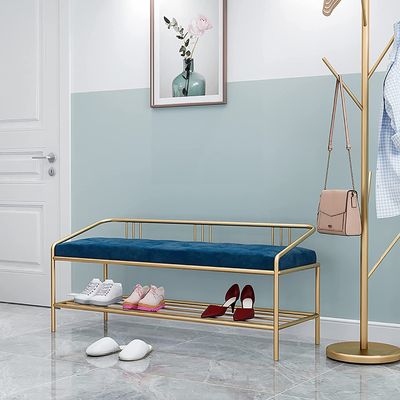 DBZRRKHDC Shoe Storage Bench Entryway Furniture Hallway Shoe Bench with Storage Space Metal Frame Entryway Shoe Stool with Back, for Entryway, Living Room, Bedroom(Dark Blue)