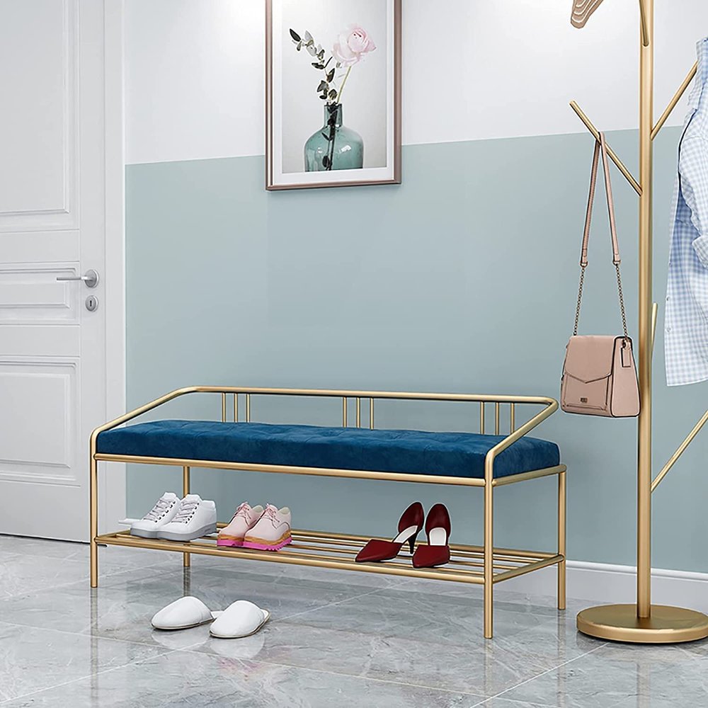 DBZRRKHDC Shoe Storage Bench Entryway Furniture Hallway Shoe Bench with Storage Space Metal Frame Entryway Shoe Stool with Back, for Entryway, Living Room, Bedroom(Dark Blue)