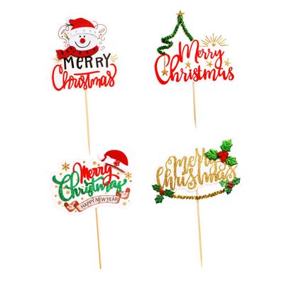 CHILDWEET 4pcs Christmas Tree Cake Inserted Cards Merry Christmas Snowman Tree Cake Toppers for Holiday Parties Family Gatherings