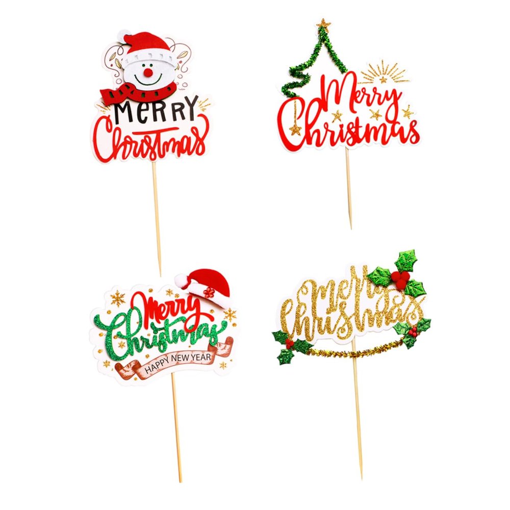 CHILDWEET 4pcs Christmas Tree Cake Inserted Cards Merry Christmas Snowman Tree Cake Toppers for Holiday Parties Family Gatherings