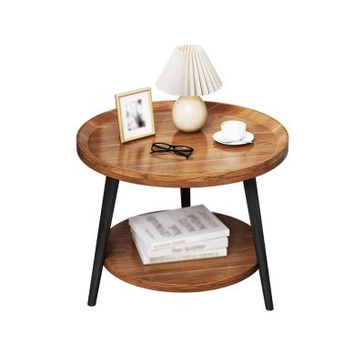 2-Tier Coffee Table Round, Small Side Table for Small Spaces, Large Storage Tea Table,Modern Oval Center Table with Wood Tabletop and Metal Frame for Small Space,Home, Office(Natural,40*40*48cm/16*16*