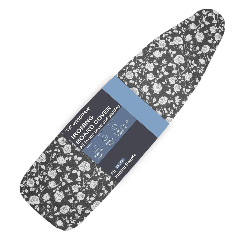VividPaw Ironing Board Cover and Pad, Standard Size 15x54, Thick Padding, Elastic Edge, Resist Scorching, Adjustable Fastener, Heavy Duty Floral Iron Board Covers (Rose)