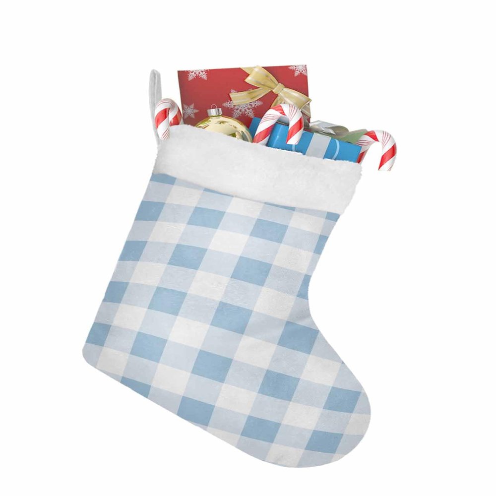 Christmas Stockings 18 Inch Blue Plaid Spring Easter Buffalo Check Baby Blue Xmas Stockings with Plush Cuff for Fireplace Holiday Party Decoration 1 pcs