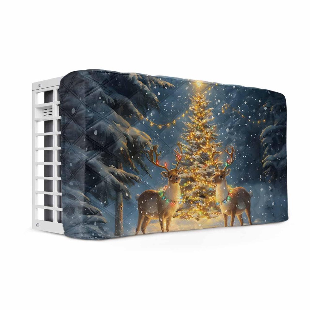 Christmas Indoor Air Conditioner Cover for Window Units, Winter Snowy Shining Tree Reindeer Forest Gift Double Insulation Adjustable Waterproof Indoor AC Cover with Elastic Straps 21" x 15" x 3.5"