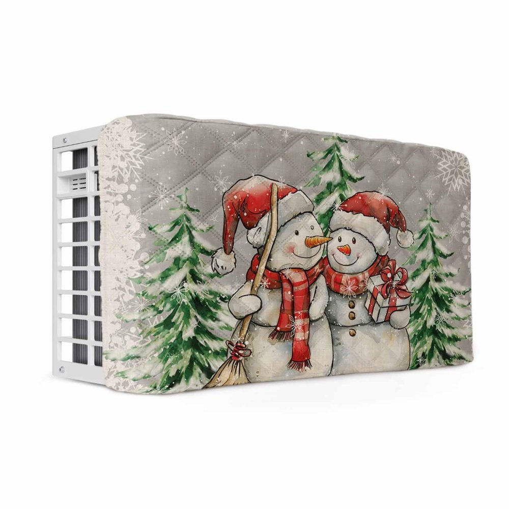 Grey Christmas Indoor Air Conditioner Cover for Window Units, Snowman Snowflakes Green Pine Tree Retro Double Insulation Adjustable Waterproof Indoor AC Cover with Elastic Straps 28" x 20" x 3.5"