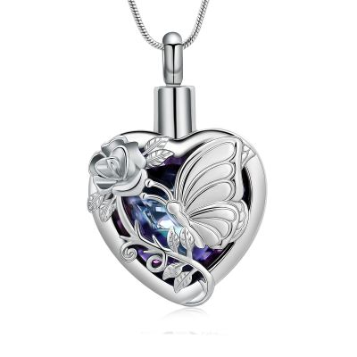 Hearbeingt Butterfly Heart Urn Necklace for Ashes Crystal Cremation Jewelry
