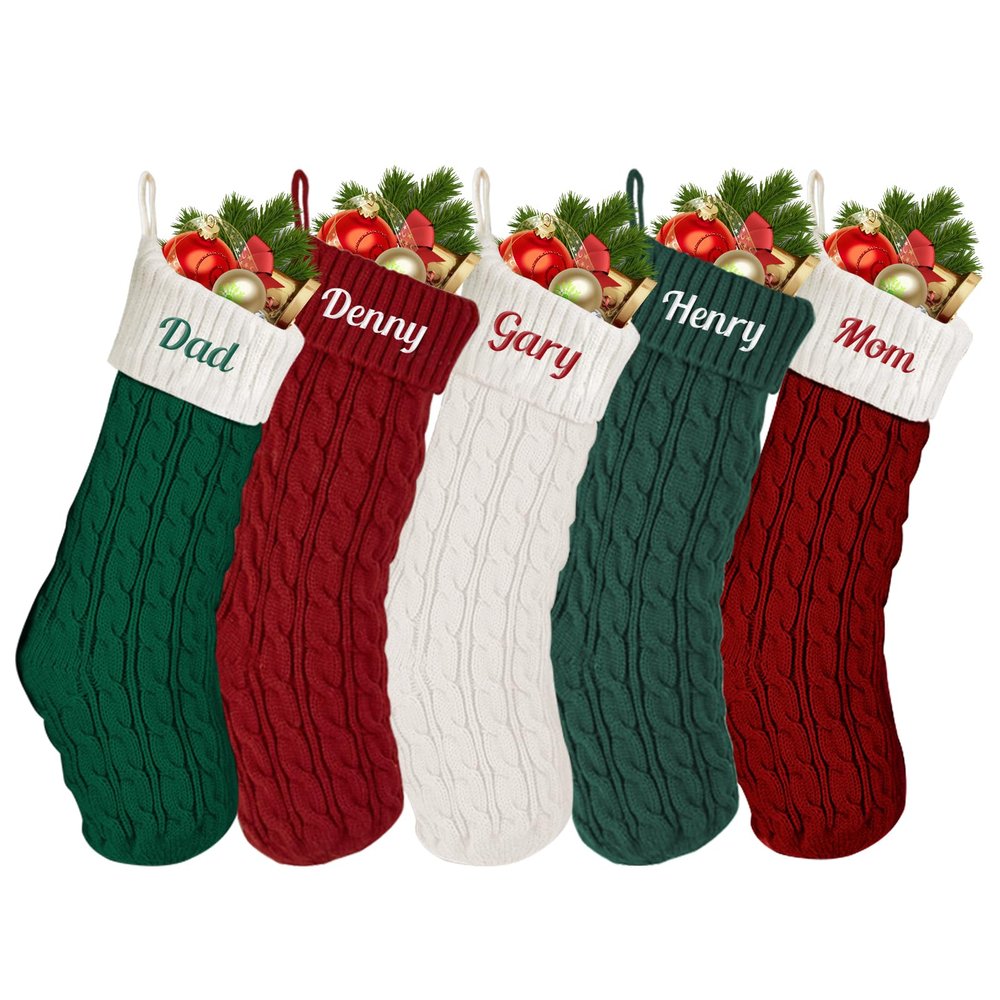 Voltexia Personalized Christmas Stockings with Name Embroidered Knitted Custom Christmas Stocking 18 Large Xmas Stocking Holiday for Fireplace Christmas Holiday Party Decoration-5 Pcs