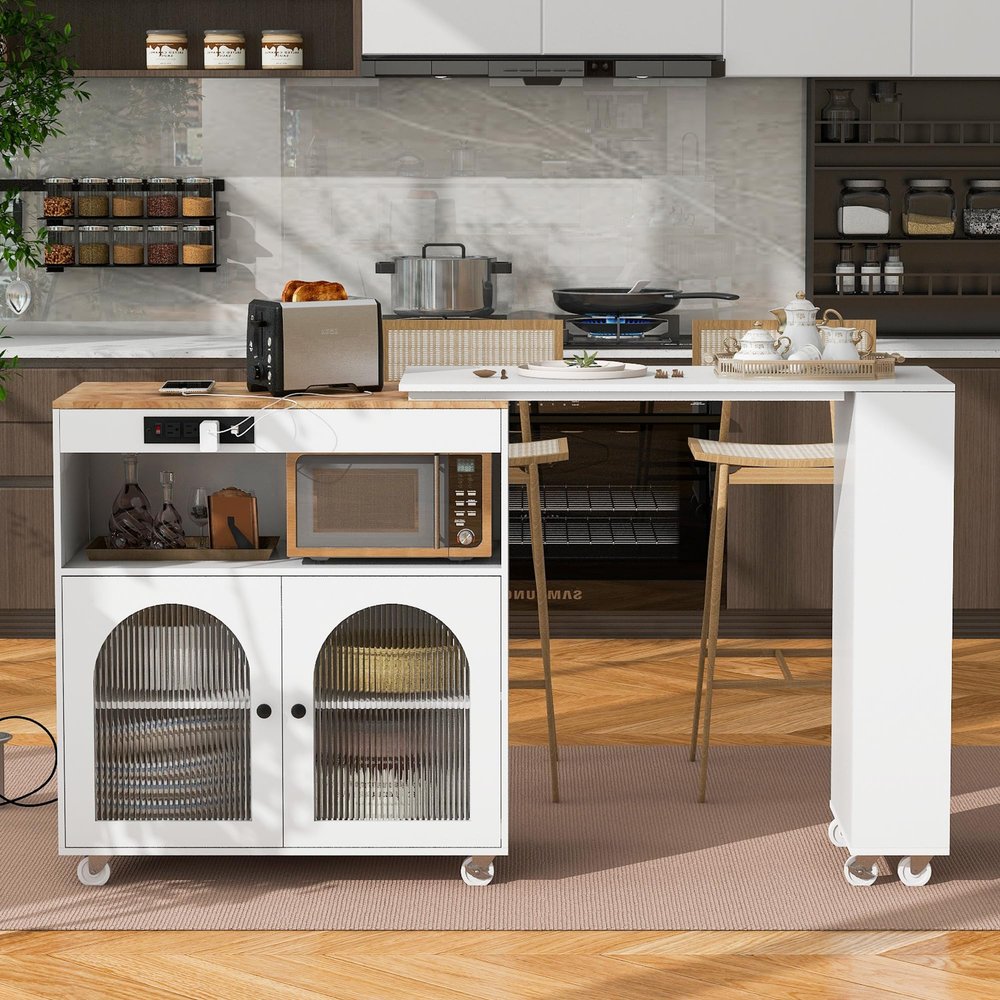Rolling Kitchen Island with Movable Dining Table, Kitchen Island Cart Table on Wheels with Storage, LED Lights, Power Outlet and Fluted Glass Doors, Kitchen Storage Cabinet with 3 Open Shelves, White