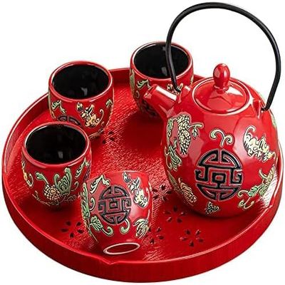 SGeneE Tea Set, Traditional Chinese Ceramic Tea Set, Tea Set for Wedding Ceremony Party, Chinese Red Porcelain Tea Pot with Tea Cups and Tea Tray for Adults (Style B)