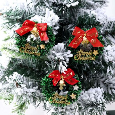 4Pcs Christmas Wreath Decorations, Mini Wreaths with Bow & Golden Bell, Green Artificial Wreath for Christmas Tree Holiday Home Decoration