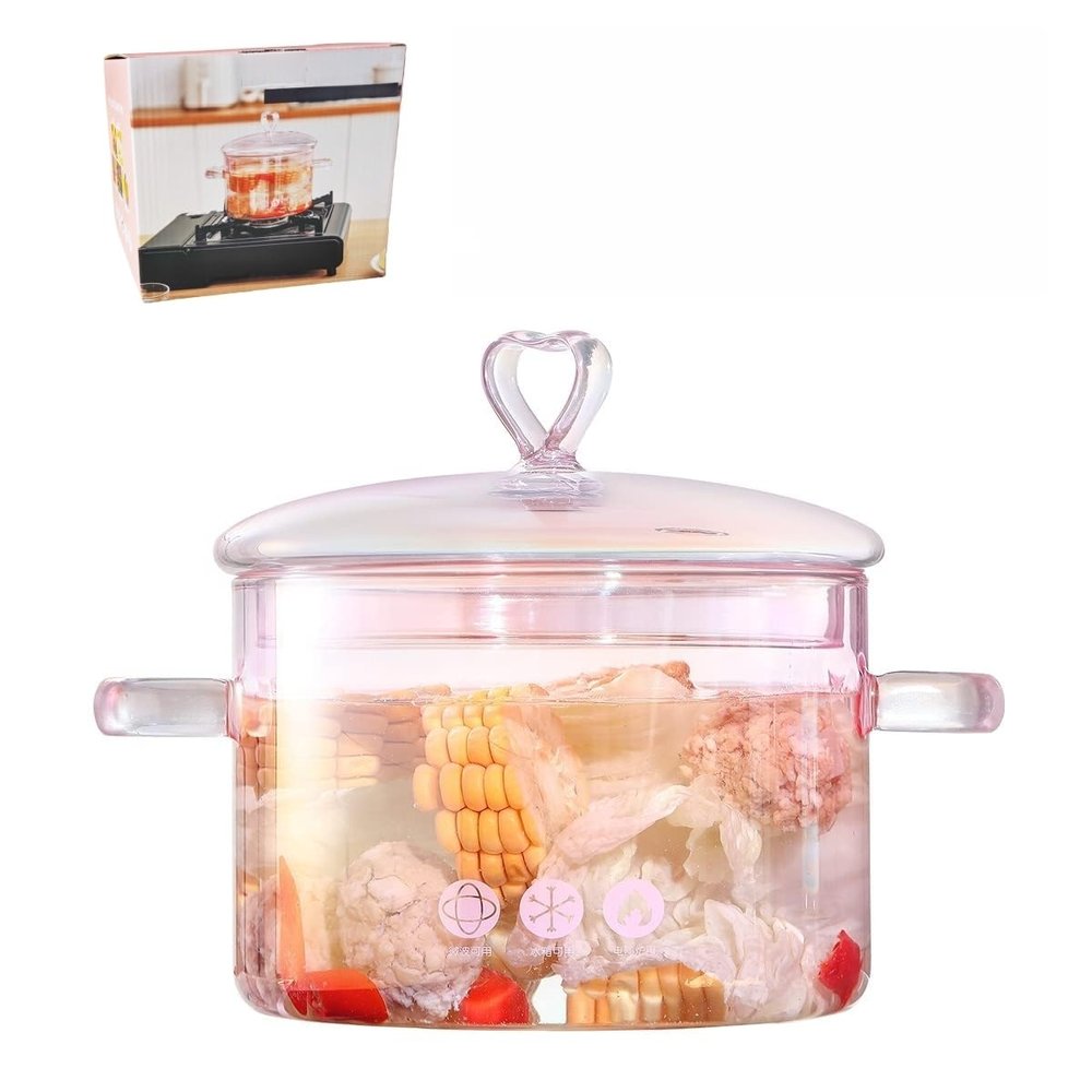 2L Pink Glass Simmer Pot, 2000ml/2.2Qt/68oz, Glass Pots for Cooking on Stove,Heart-shaped Lid,Heat Resistant,Oven Gas Electric Stove Dishwasher Safe for Potpourri Pasta Soups