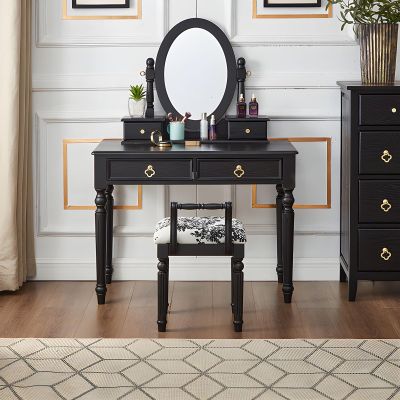 XOBRJQZ Vintage Makeup Vanity Table Set with 4 Drawers and Cushioned Stool, Makeup Table Writing Desk with Removable Top for Women Girls
