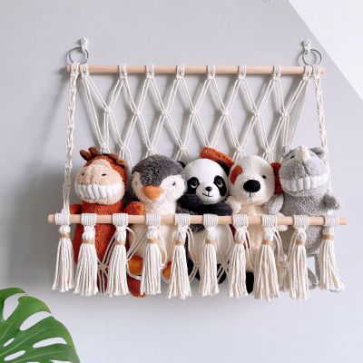 JENPECH Macrame Stuffed Animal Toy Storage Hammock / Net, Kids Plush Toy Storage Organizer Net, Boho Hanging Stuffed Animal Net Nursery Wall Decor for Girls Gift (Cream)