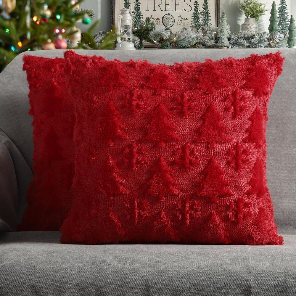 4TH Emotion Christmas Snowflake Tree Decorative Pillow Covers 18x18 Set of 2, Red Soft Plush Faux Fur Farmhouse Throw Cushion Cases for Xmas Winter Holiday Home Decorations
