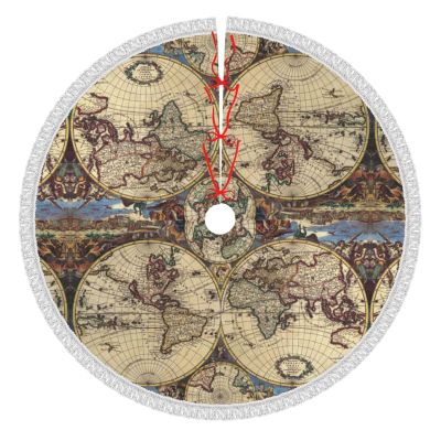 Ancient Map World Globe Christmas Tree Skirt with Tassel for Party Holiday Christmas Decorations Xmas Tree Mat Ornaments