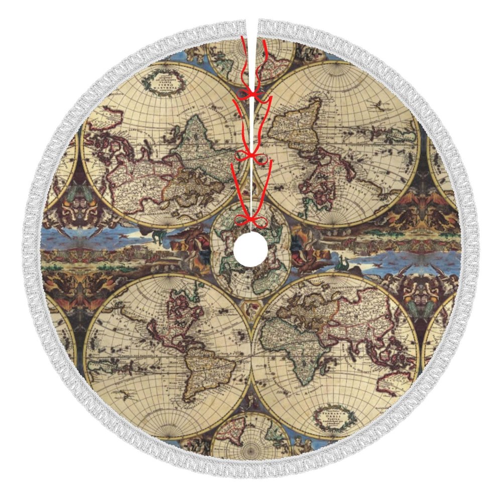 Ancient Map World Globe Christmas Tree Skirt with Tassel for Party Holiday Christmas Decorations Xmas Tree Mat Ornaments