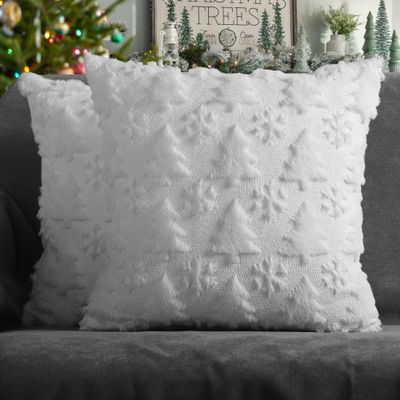 4TH Emotion Christmas Snowflake Tree Decorative Pillow Covers 20x20 Set of 2, White Soft Plush Faux Fur Farmhouse Throw Cushion Cases for Xmas Winter Holiday Home Decorations