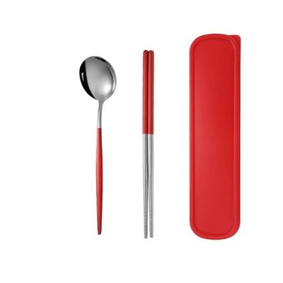 ONUIFIKE Silverware Set, 2/8/12/16/20/24 Pieces Stainless Steel Portable Tableware Portuguese Chopsticks Spoon Student Outdoor Storage Box Portable Tableware, Home Cutlery Flatware Set(Red Silver,24
