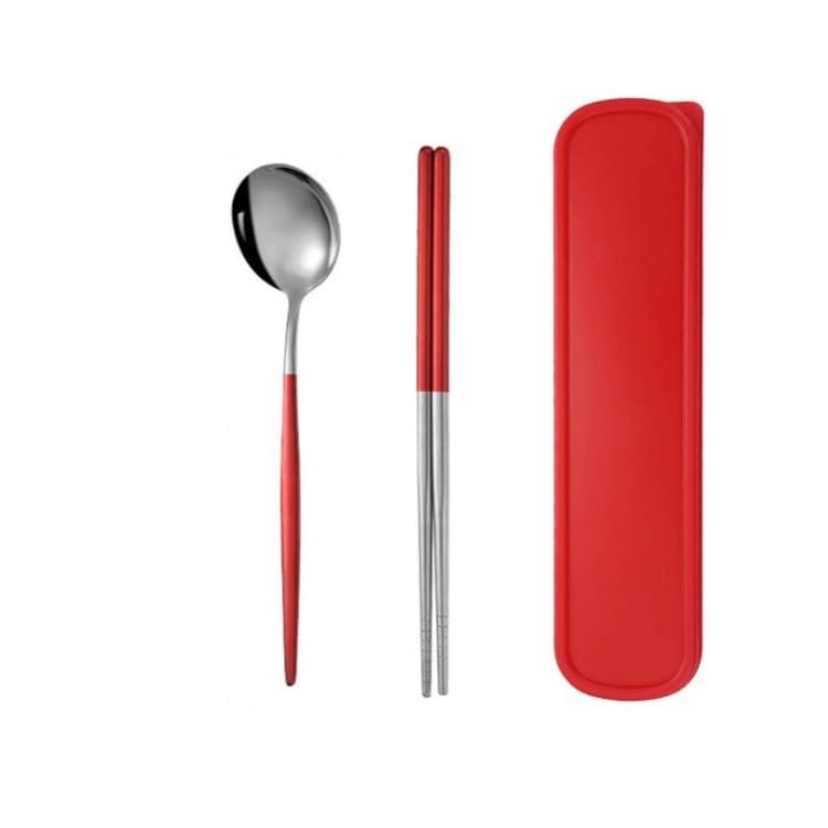 ONUIFIKE Silverware Set, 2/8/12/16/20/24 Pieces Stainless Steel Portable Tableware Portuguese Chopsticks Spoon Student Outdoor Storage Box Portable Tableware, Home Cutlery Flatware Set(Red Silver,24