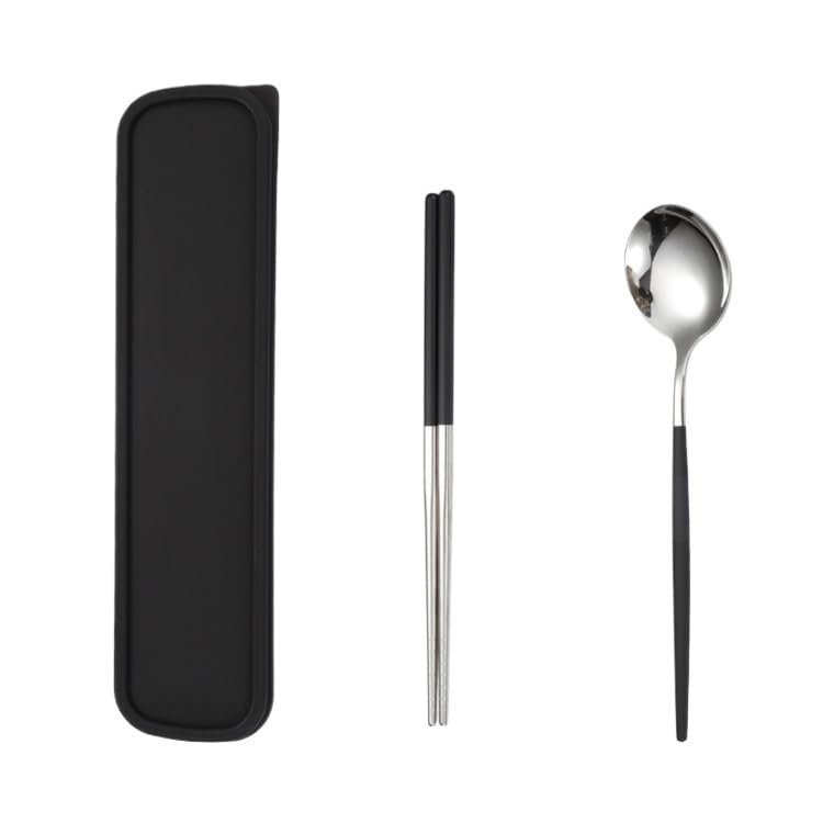 ONUIFIKE Silverware Set, 2/8/12/16/20/24 Pieces Stainless Steel Portable Tableware Portuguese Chopsticks Spoon Student Outdoor Storage Box Portable Tableware, Home Cutlery Flatware Set(Black Silver,1