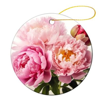 Christmas Ornaments Peony Flowers Blossom Ceramic Ornament Crafts Hanging Souvenir Round Hanging Pendant Ornaments for Xmas Holiday Party Christmas Tree Decorations 1 Pcs