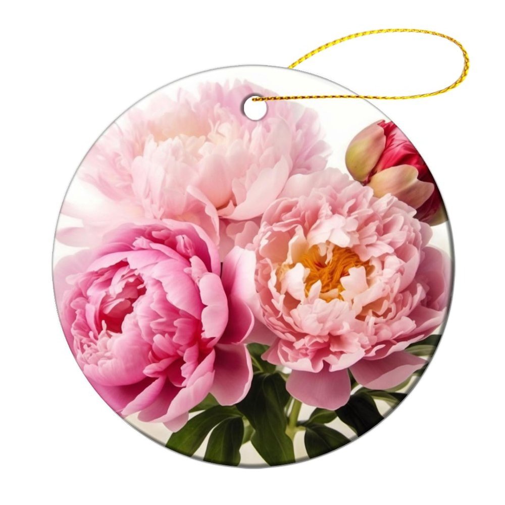 Christmas Ornaments Peony Flowers Blossom Ceramic Ornament Crafts Hanging Souvenir Round Hanging Pendant Ornaments for Xmas Holiday Party Christmas Tree Decorations 1 Pcs