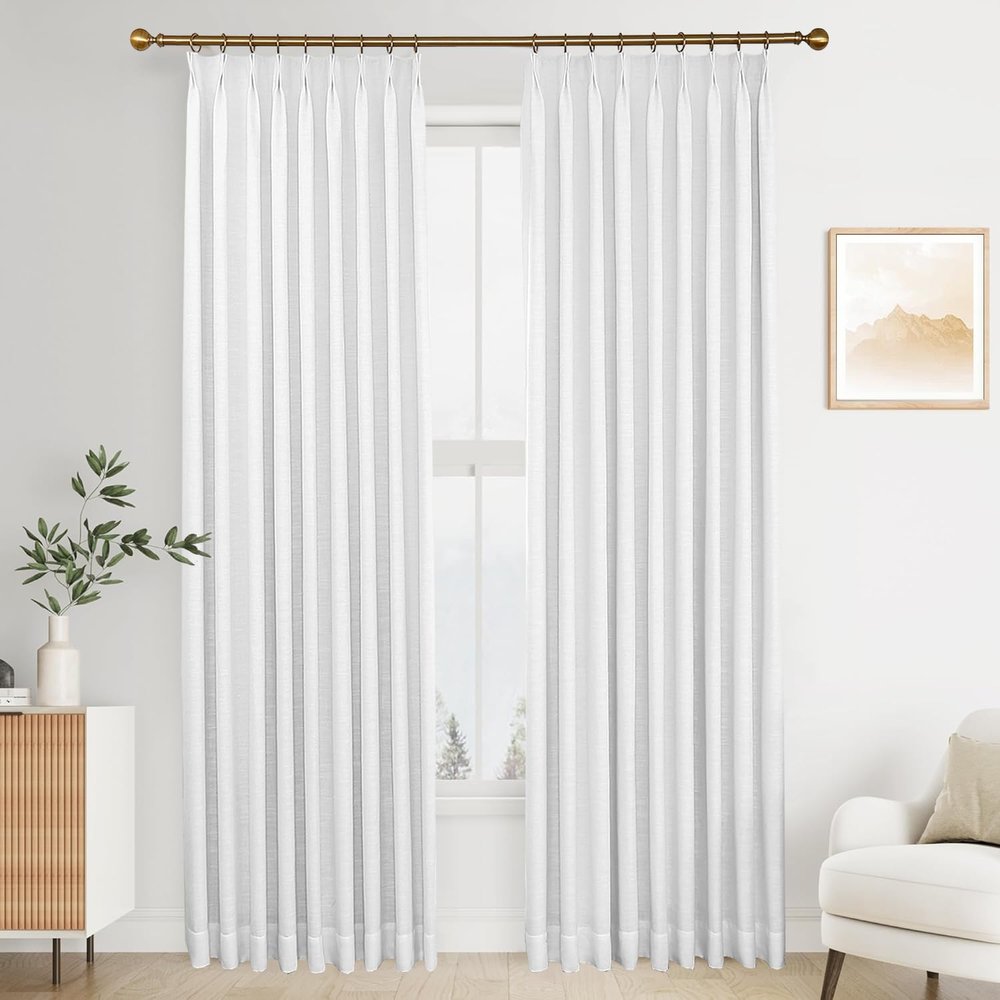 96 inch Long White Linen Curtains Pinch Pleat Light Blocking Curtains for Bedroom Room Darkening Drapes 2 Panels Set with Hooks, 52W x 96L