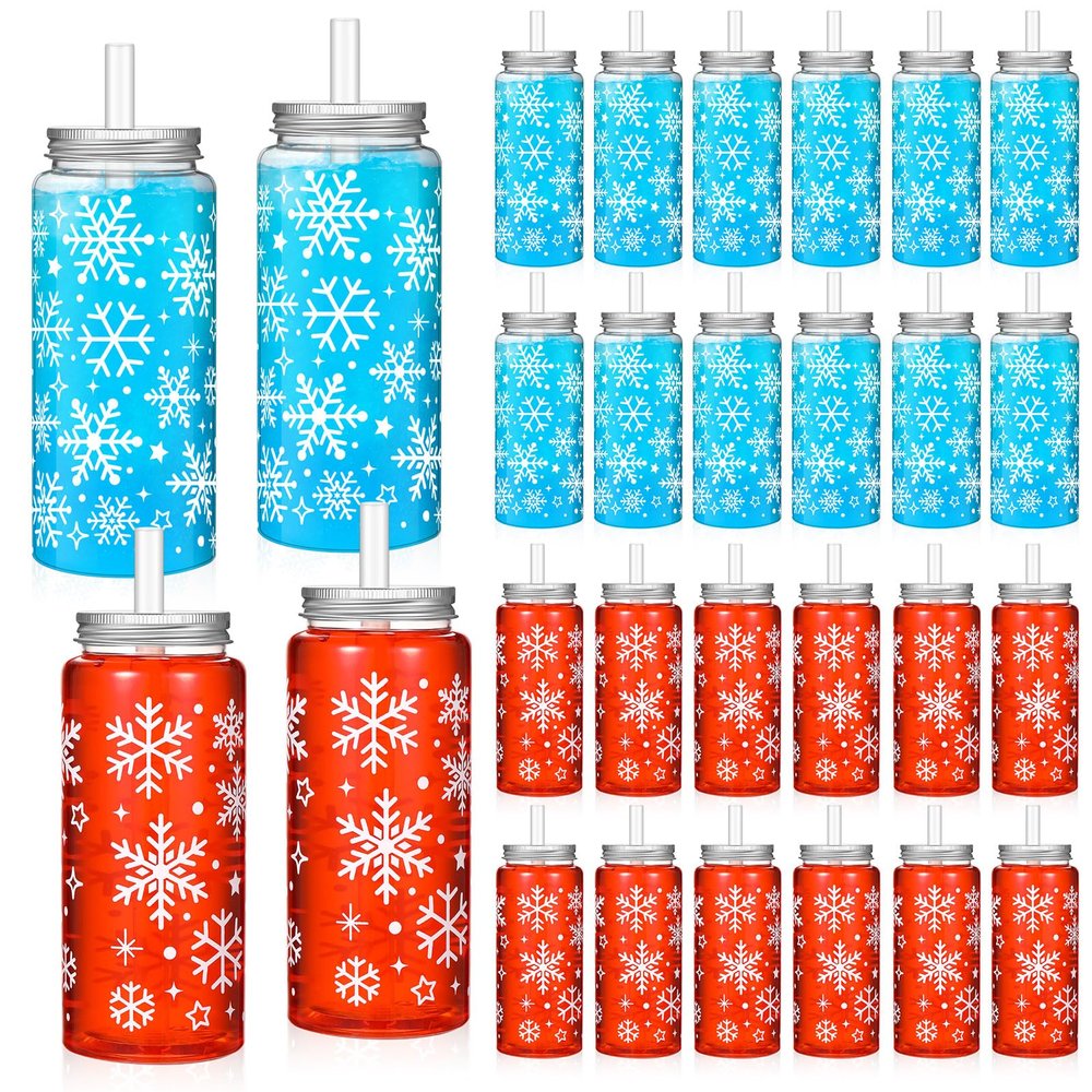 Romooa 24 Pack Winter Reusable Cups Bulk 13.5 oz Plastic Cups with Lids and Straws Winter Drinking Holiday Set Reusable Party Coffee Jar Water Bottles for Party Drinks