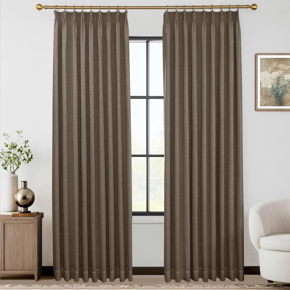 88 inch Pinch Pleated Blackout Curtains 2 Panels Set, 100% Blackout Thermal Insulated Faux Linen Pinch Pleat Drapes, 40W x 88L, Taupe