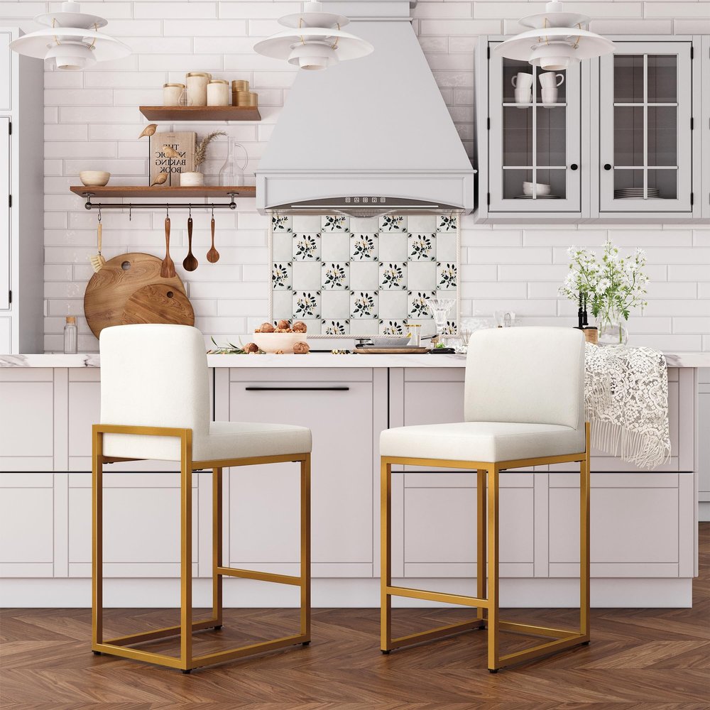 ALPHA HOME 24 Inch Bar Stools Set of 2, Kitchen Counter Stools with Backs, PU Leather Barstools, White Bar Stools with Upholstered Footrest, Sturdy Chromed Metal Steel Frame, White