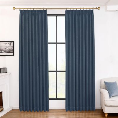 96 inch Long Deep Blue Linen Curtains Pinch Pleat Light Blocking Curtains for Bedroom Room Darkening Drapes 2 Panels Set with Hooks, 60W x 96L