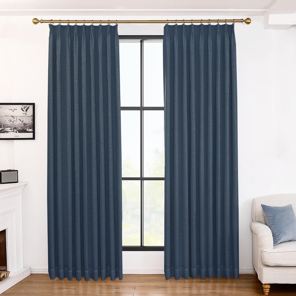 96 inch Long Deep Blue Linen Curtains Pinch Pleat Light Blocking Curtains for Bedroom Room Darkening Drapes 2 Panels Set with Hooks, 60W x 96L