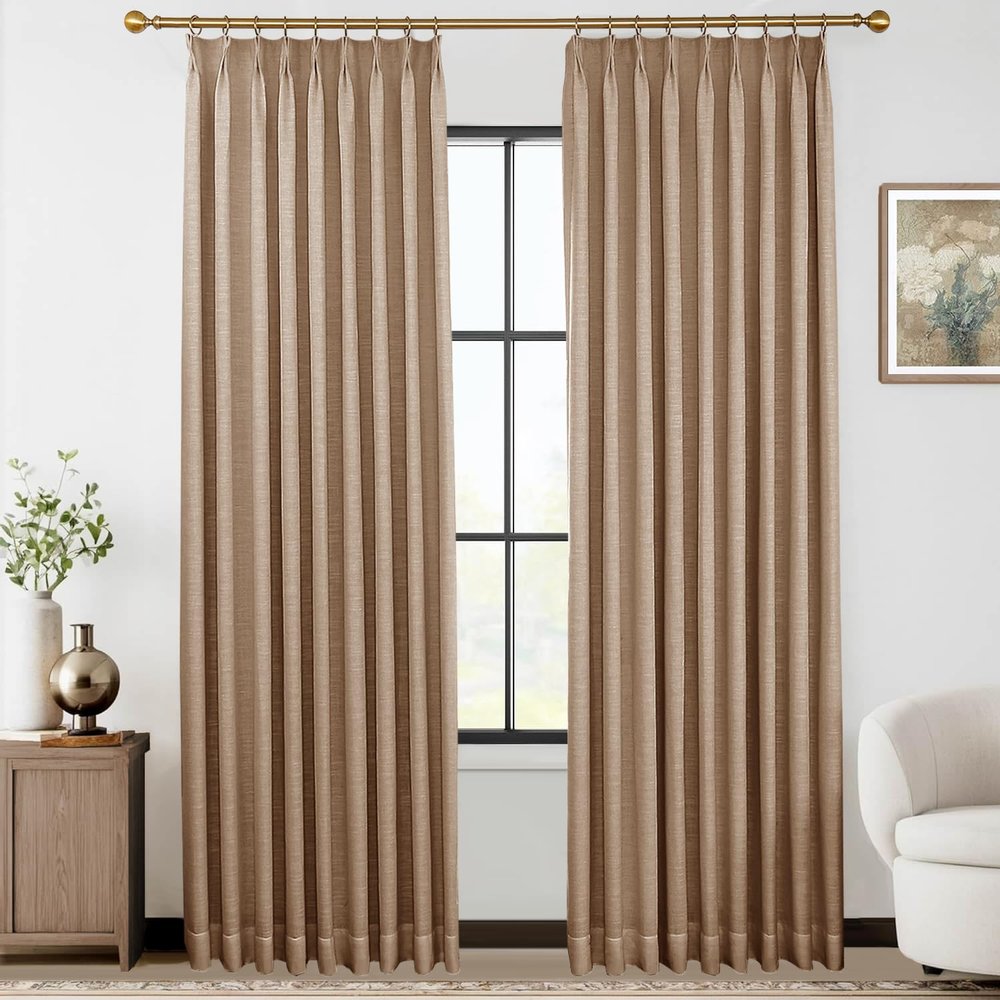 88 inch Pinch Pleated Blackout Curtains 2 Panels Set, 100% Blackout Thermal Insulated Faux Linen Pinch Pleat Drapes, 60W x 88L, Walnut