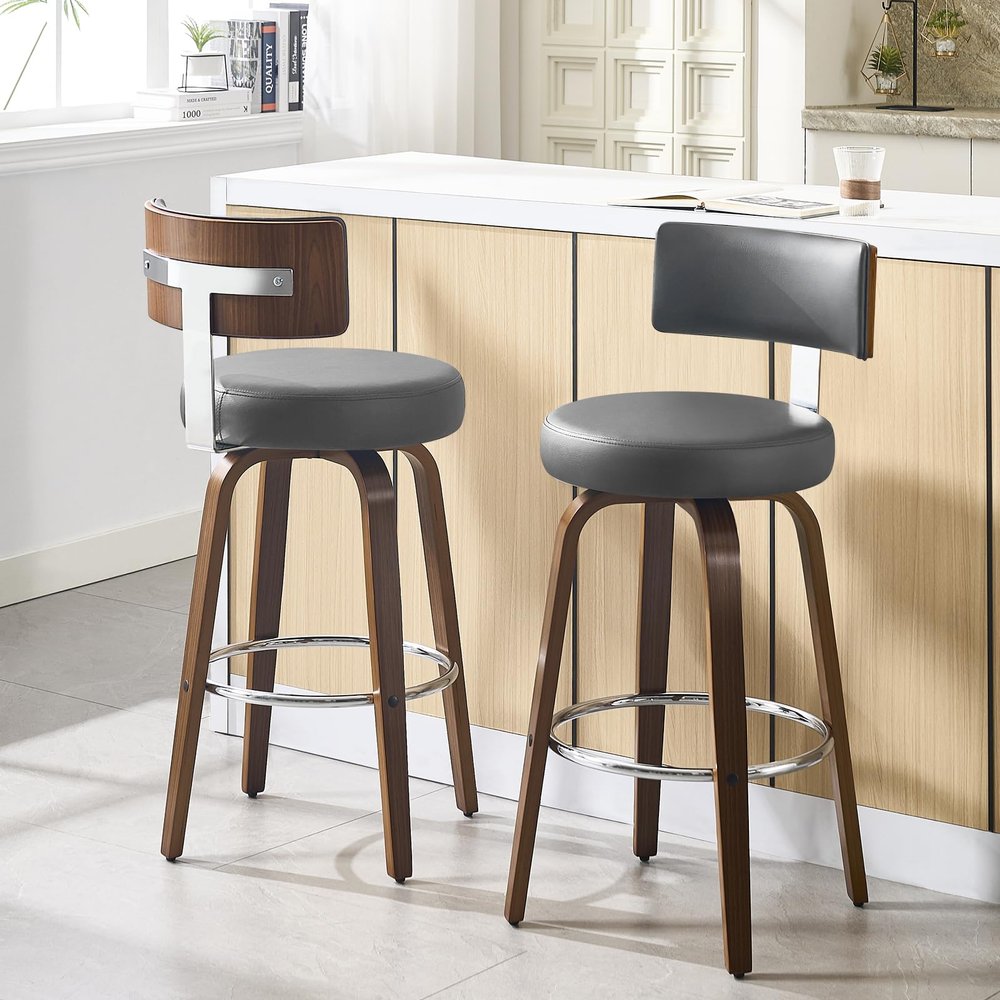 Bekrvio Swivel Counter Height Bar Stools Set of 2, Faux Leather Kitchen Stools Upholstered Barstools with Back, Walnut Wood Legs, Mid Century Island Chairs Counter Stools, 26" Seat Height, Grey